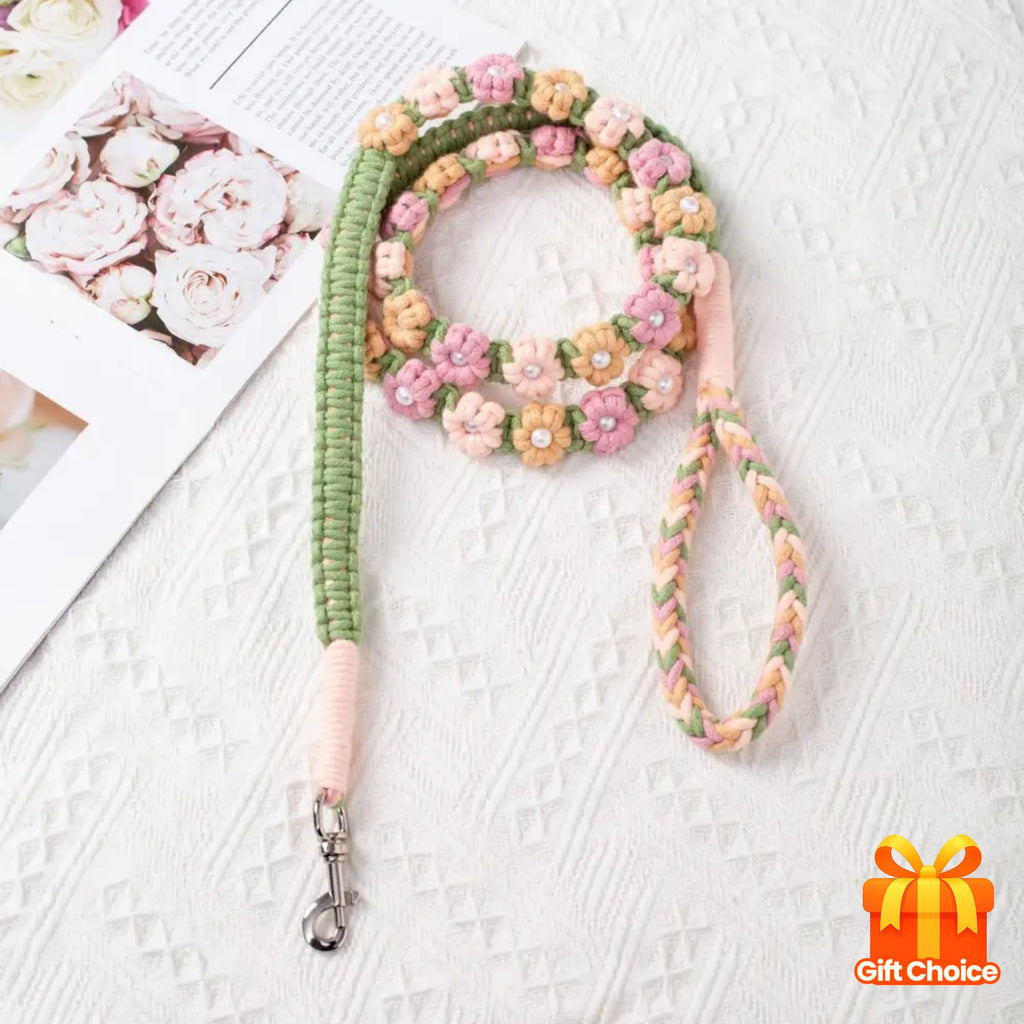 59.06 Inch Handmade Braided Rope Dog Leash with Floral Bead Accents - Durable 5ft Decorative Leash for Small to Medium Breeds, Christmas Gift for Dog Owners, Stylish Pet Accessory