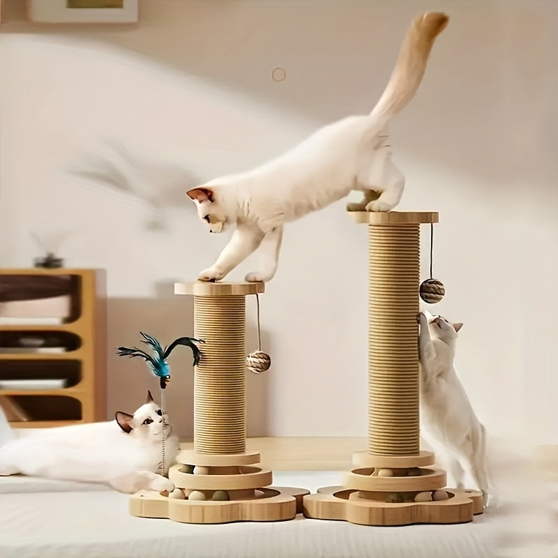 Multi-level Cat Scratching Post, Crafted From Premium Sisal, 4-in-1 Solid Wood Kitten Toy: Scratching Post + Six Wooden Toy Ball + Feather Toy + Dual-Layer Ball Track | Sturdy Anti-Tip Base,Durable, Perfect for Indoor Cats And Multi-cat Households