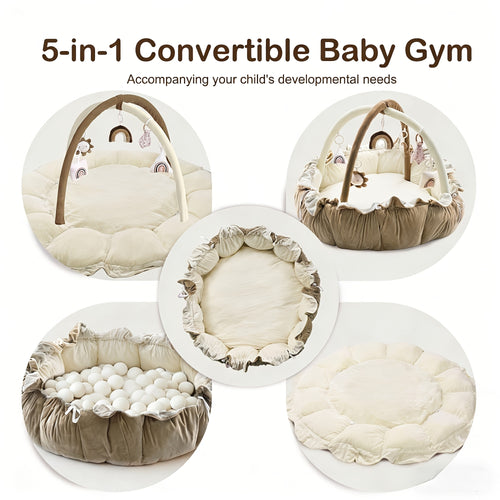 5-in-1 Thick & Plush Multi-Functional Cat & Dog Bed - Convertible Gym with Ball Pit, 6 Toys, Tummy Time Mat & Floor Mats | Plush Cushion Suitable for Kittens\u002FPuppies, Developmental Play & Rest