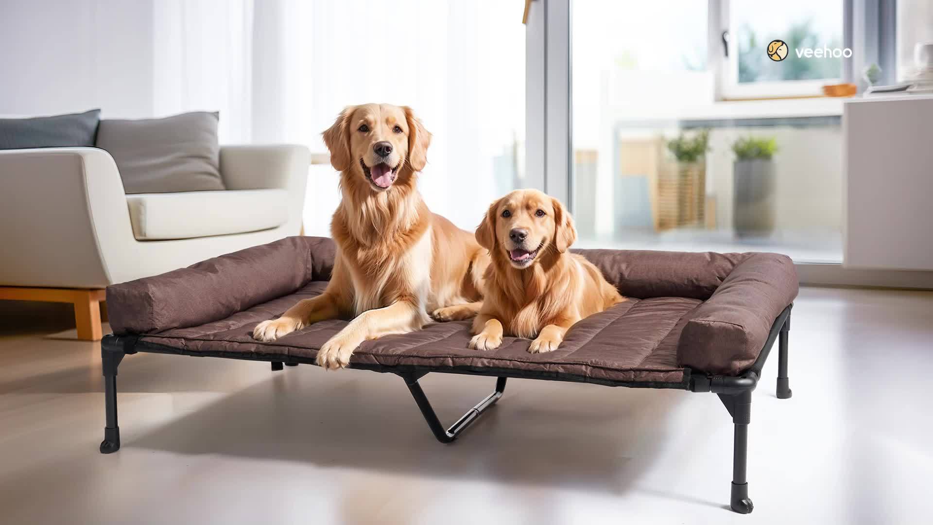 Cooling Dog Bed Breathable & Cooling Veehoo XL\u002FXXL Elevated Dog Bed | Removable Double Cushion for 2 Medium Dogs, Washable Teslin Mesh, Skid-Resistant Feet, Portable Outdoor Extra Large Lifted Hammock Indoor Pet Bed