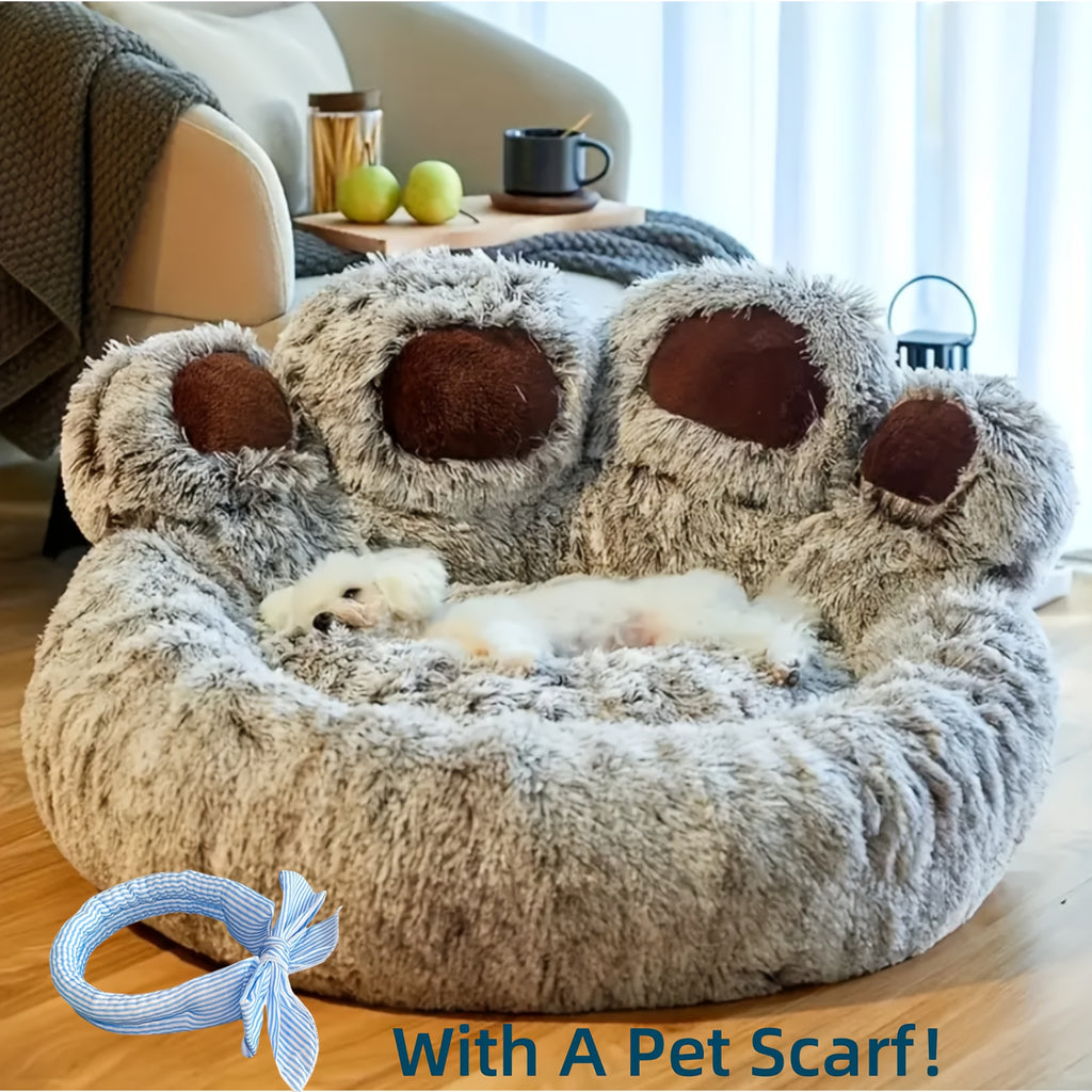 Double Gray Cute Bear Paw Shaped Pet Mattress, Warm And Comfortable Soft Dog Round Mattress, Calm Donut Pet Mattress, Plush Dog And Cat Mattress, Paired With A Pet Scarf