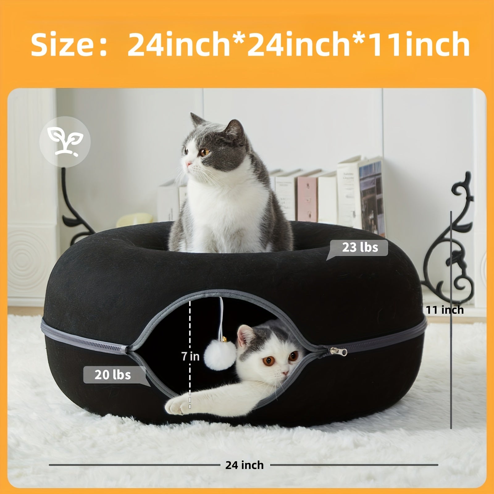 Peekaboo Cat Cave for Indoor Cats, Cat Donut Cat Tunnel Bed, Scratch Resistant Cat Toys for Medium Large Cats, Toy Ball with Bell