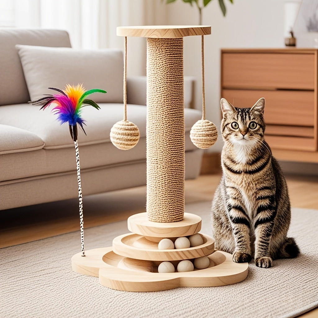 Multi-level Cat Scratching Post, Crafted From Premium Sisal, 4-in-1 Solid Wood Kitten Toy: Scratching Post + Six Wooden Toy Ball + Feather Toy + Dual-Layer Ball Track | Sturdy Anti-Tip Base,Durable, Perfect for Indoor Cats And Multi-cat Households