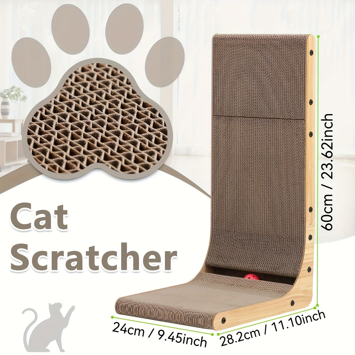 L-Shaped Vertical Cat Scratcher with Ball Toy - Durable Wall-Mounted Cardboard Scratch Pad for Indoor Cats-Perfect Pet Toy