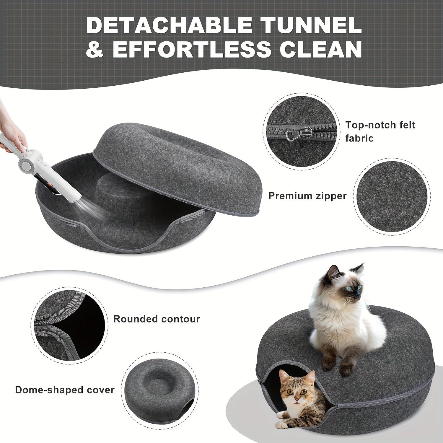 Peekaboo Cat Cave for Indoor Cats, Cat Donut Cat Tunnel Bed, Scratch Resistant Cat Toys for Medium Large Cats, Toy Ball with Bell